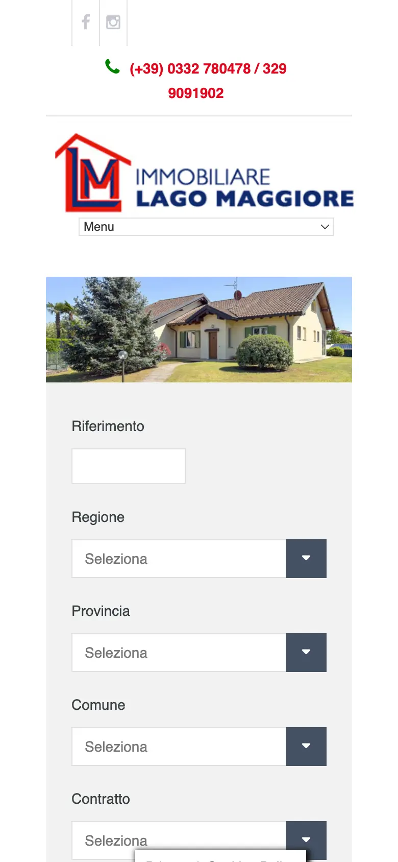 Il vecchio sito su telefono: la navigazione è un menu a tendina di sistema e la foto dell'immobile è schiacciata.