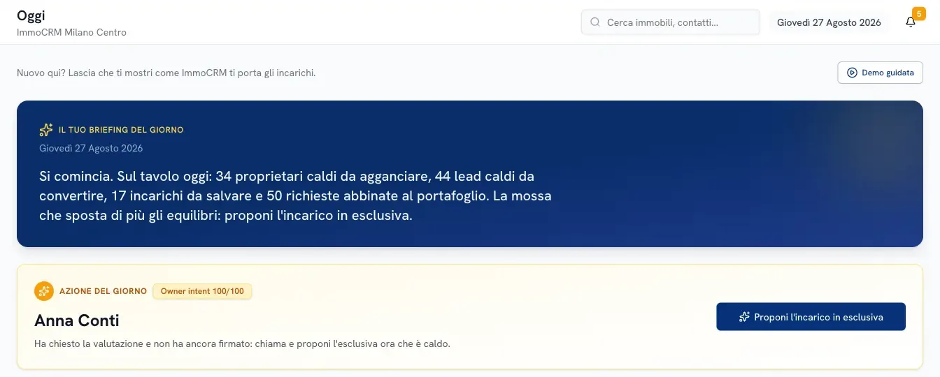 La schermata Oggi di ImmoCRM: il briefing del giorno e l'azione da fare per prima, con il proprietario da chiamare