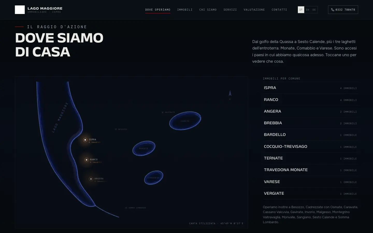 La sezione del sito che elenca i comuni coperti dall’agenzia, ognuno col proprio collegamento agli immobili di quel comune.