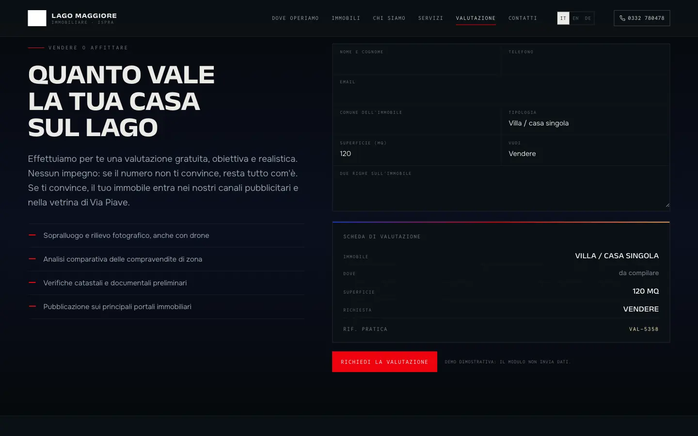 Il modulo di valutazione dentro il sito: i campi di nome, telefono, email, comune, tipologia e superficie, e accanto la scheda di valutazione che si compila mentre si scrive, con il riferimento della pratica.