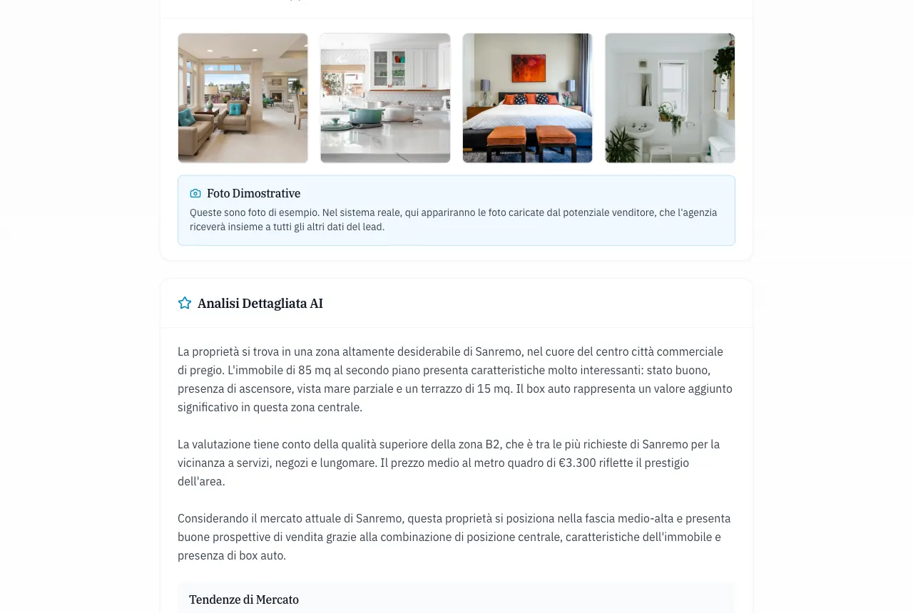 La parte scritta del risultato nella demo: l’analisi che motiva la stima citando la zona, i metri quadri, il piano, l’ascensore, la vista mare, il terrazzo e il box auto, con il prezzo medio al metro quadro della zona.