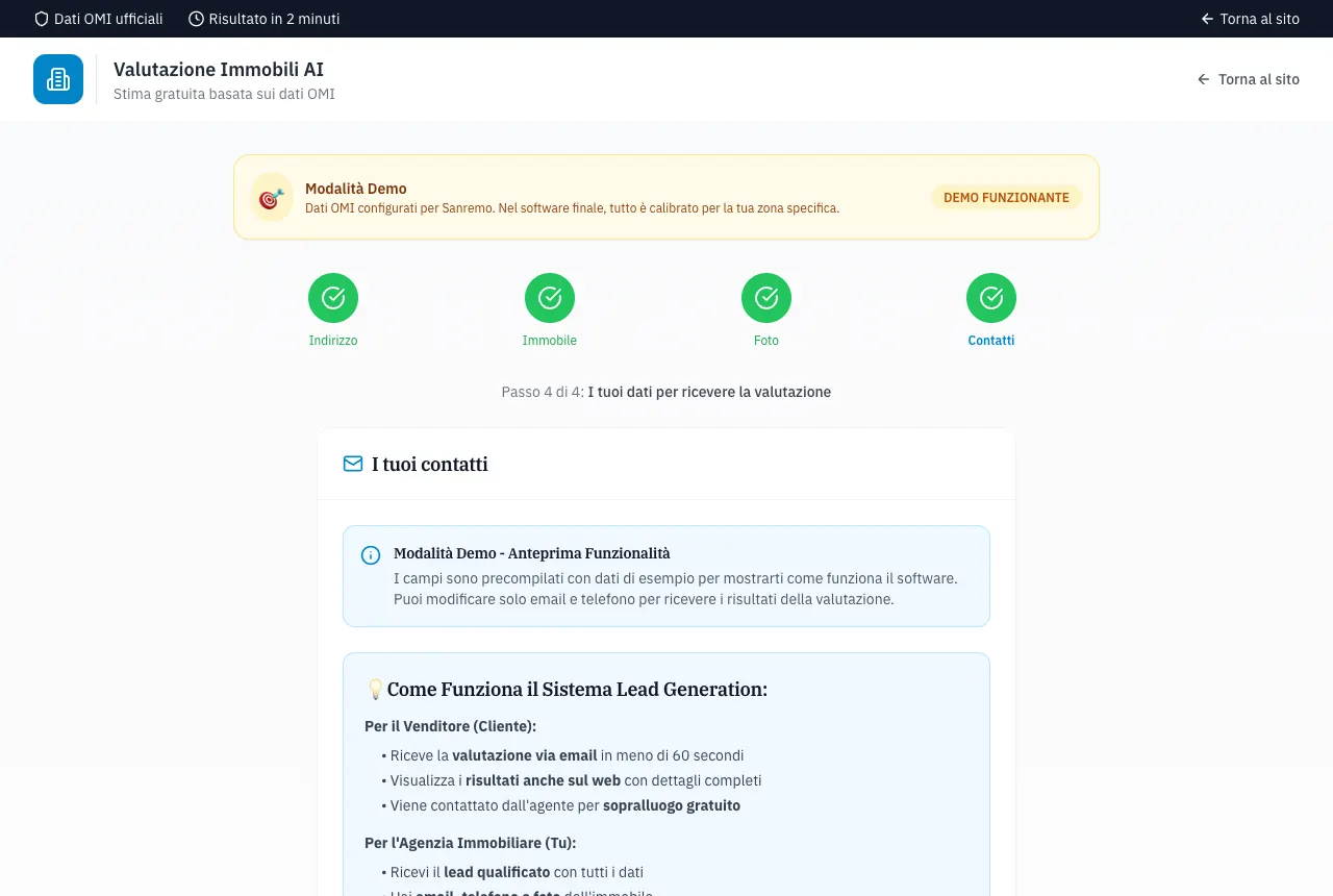 L’ultimo passo della demo del valutatore: i campi di nome, email e telefono che il proprietario compila per ricevere la stima del suo immobile.