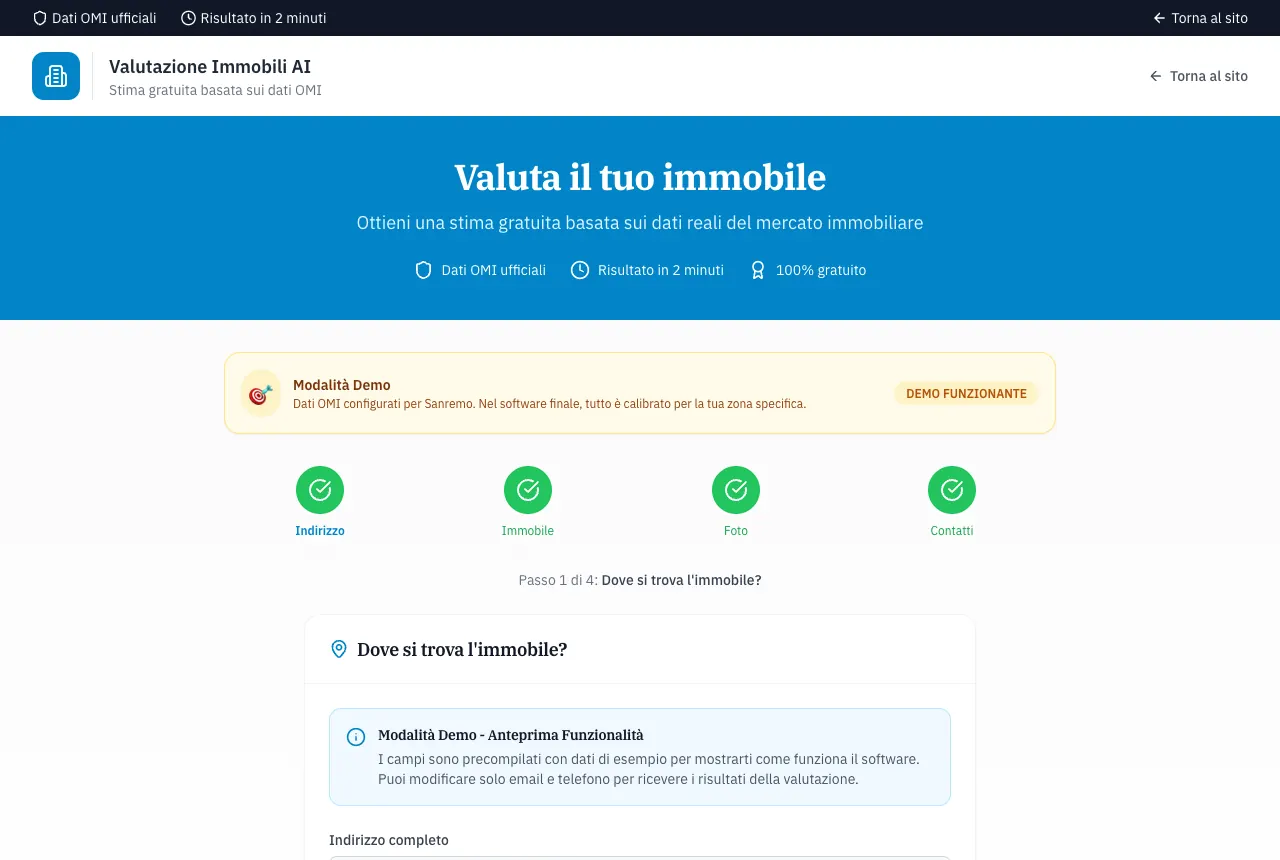 Il primo passo della demo: i quattro passi dichiarati in cima, cioè indirizzo, immobile, foto e contatti, e il campo dell’indirizzo completo, con la fascia che dichiara la modalità dimostrativa.